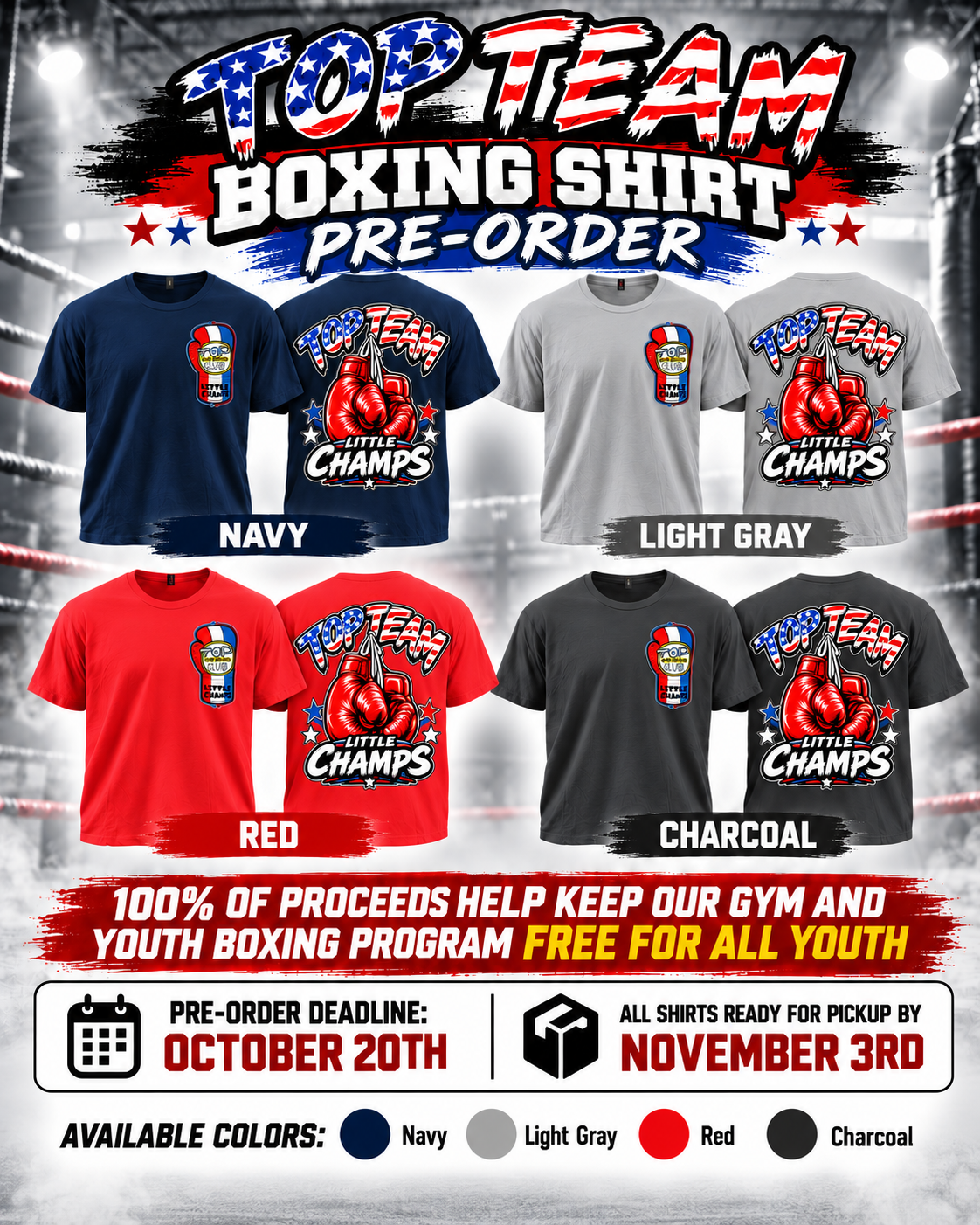 Little Champs shirt pre-order in navy, light gray, red and charcoal