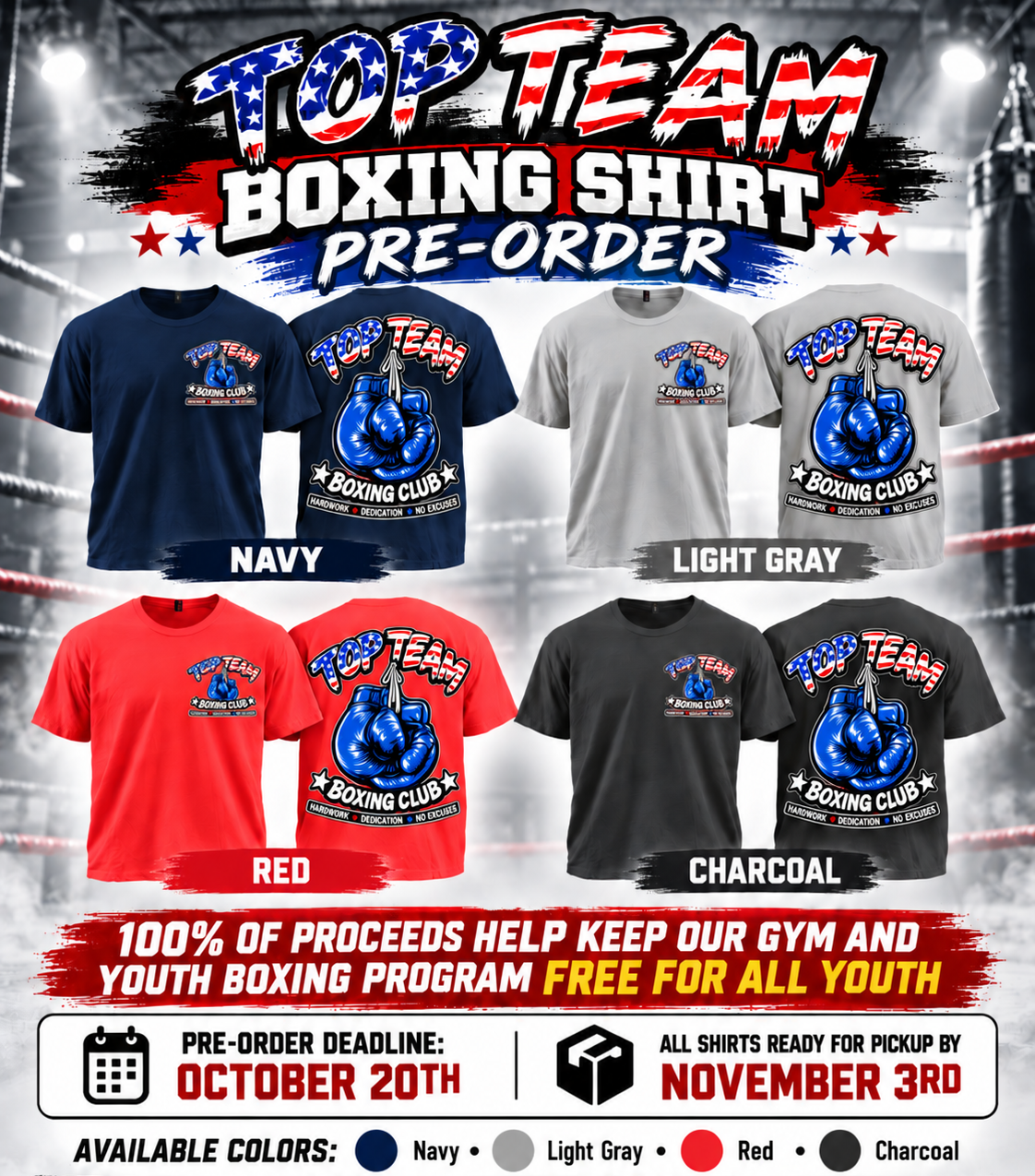 Top Team Boxing shirt pre-order in navy, light gray, red and charcoal